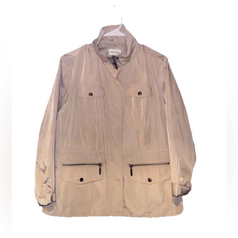Studio Works Raincoat Jacket Beige Lined Zipper/ Snaps Nice! Size PXL